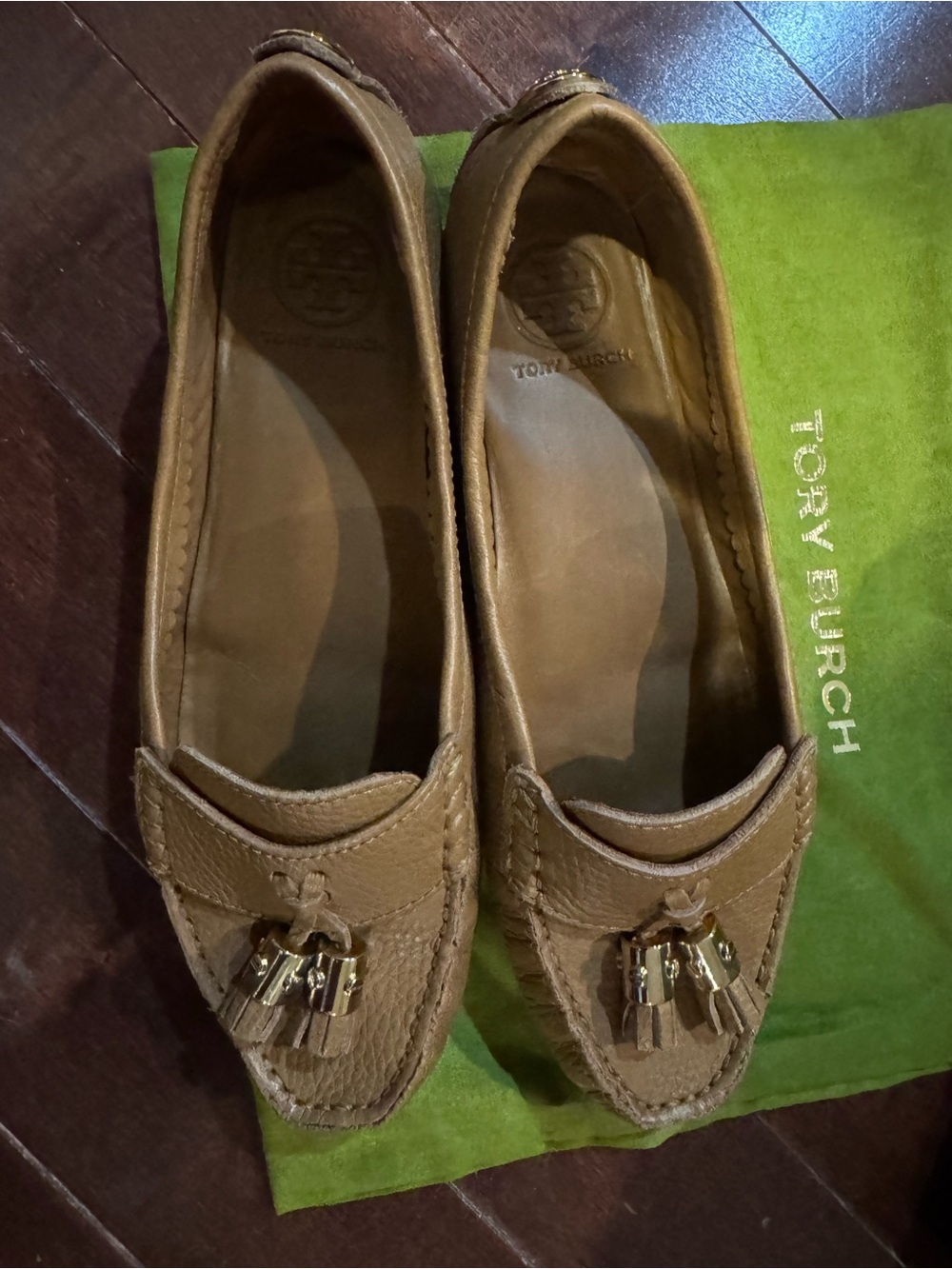 Tory Burch Tan Leather Tassel Penny Loafers with Gold Accents